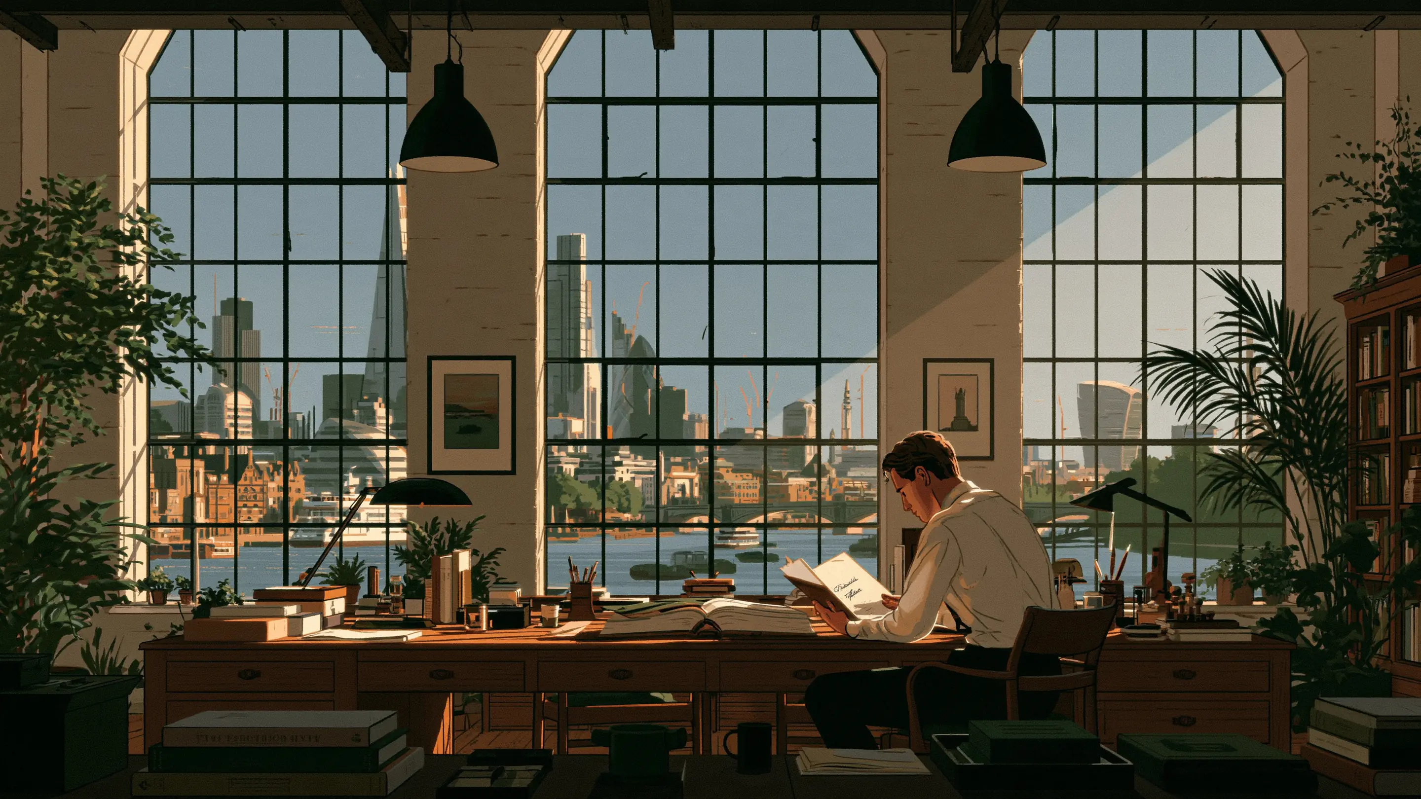 Two senior colleagues reviewing a bound proposal at a long table in a bright office