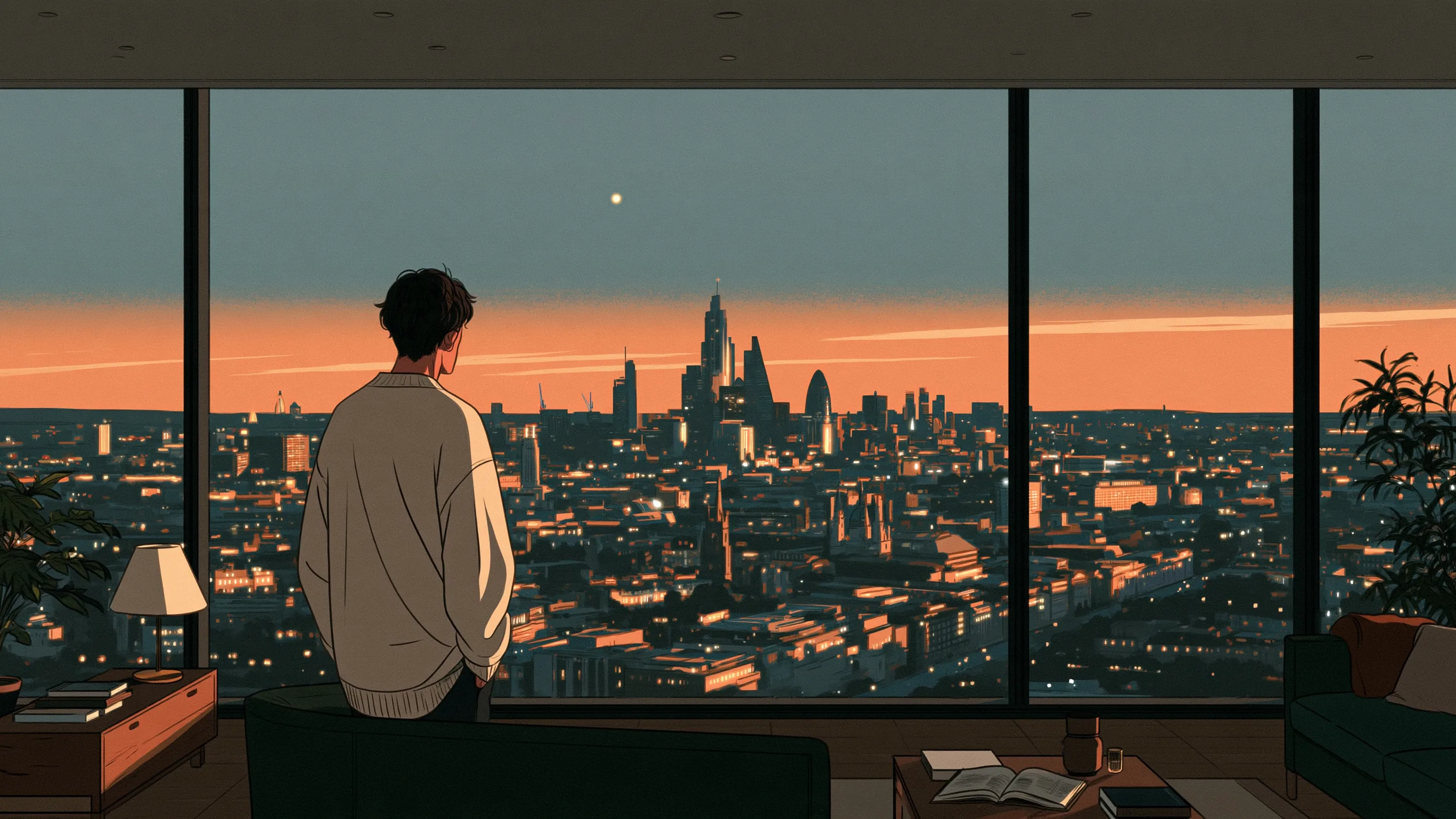 A head of people at a window in a calm office, a map of city lights on the wall behind her