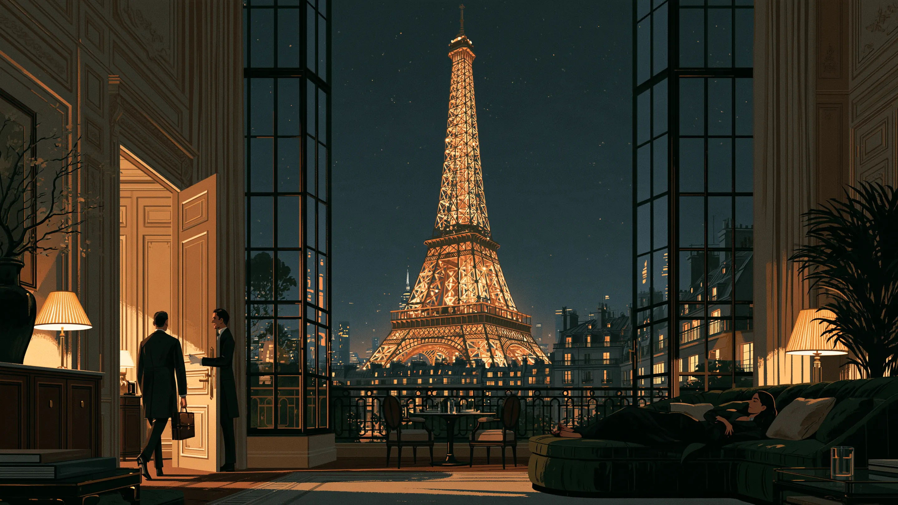 A private doctor arriving at a hotel suite at night, a butler at the door