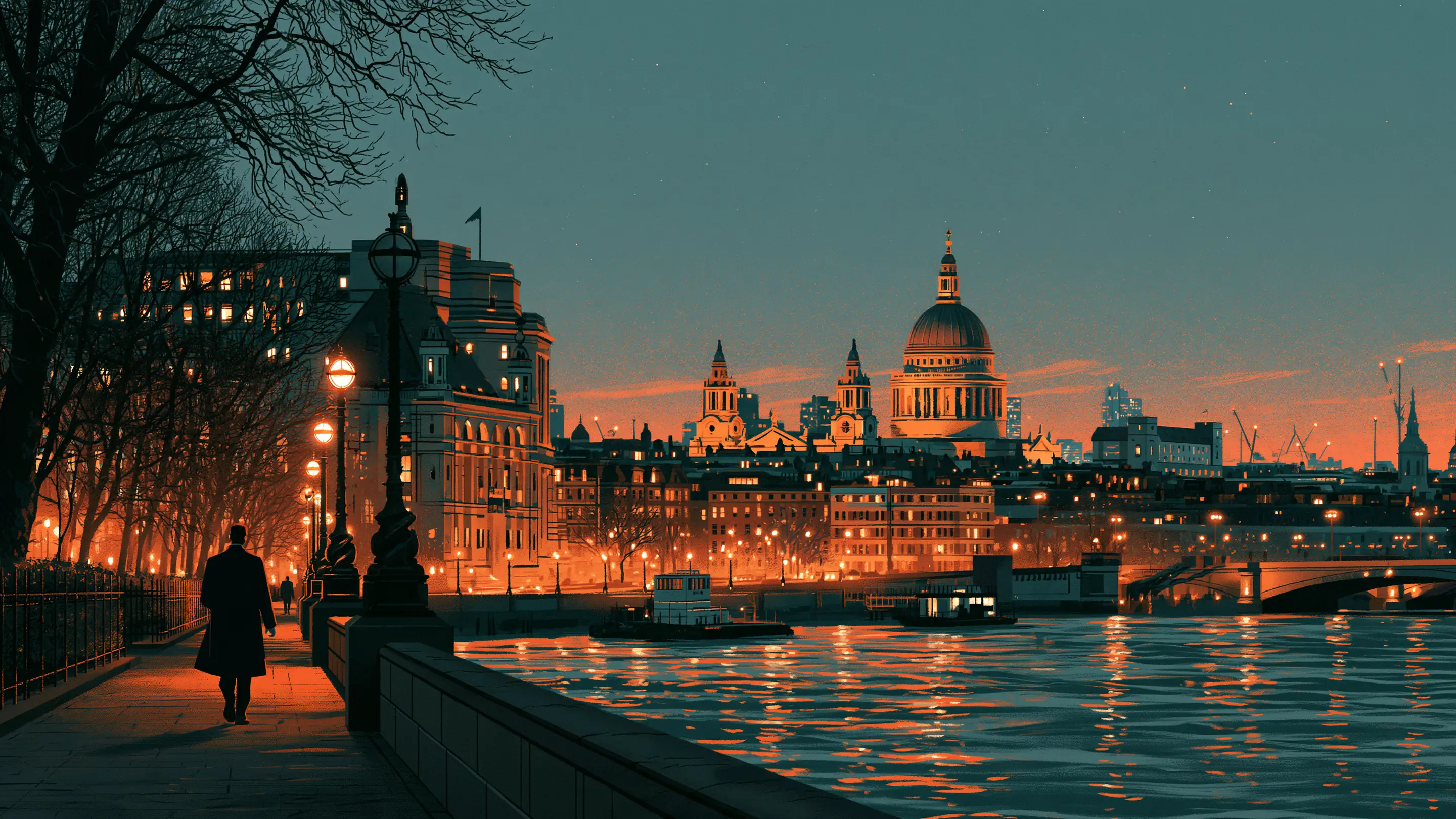 A senior partner walking beside the river in the City of London at dawn