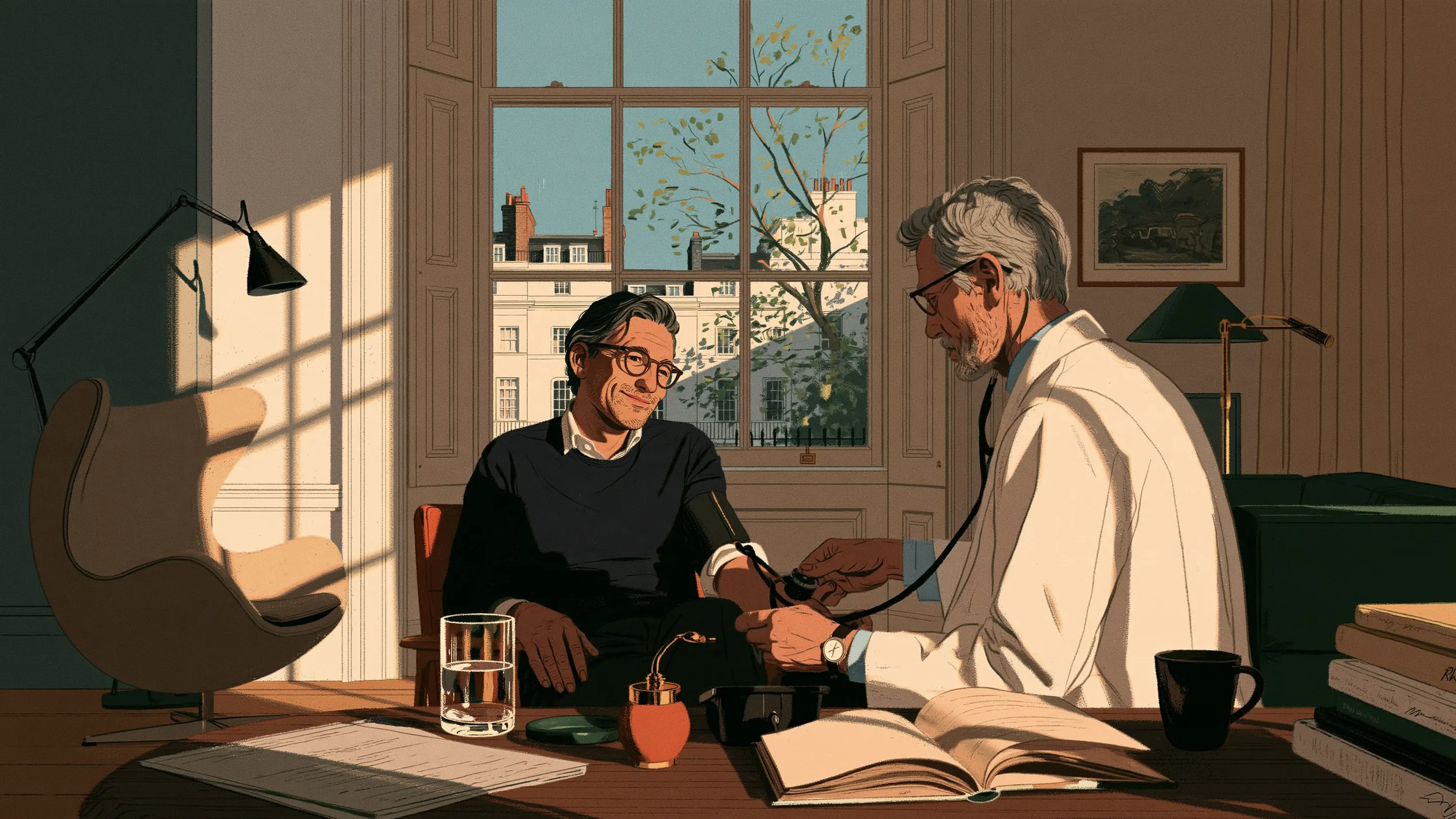 A doctor taking a blood pressure reading in a private room at an office