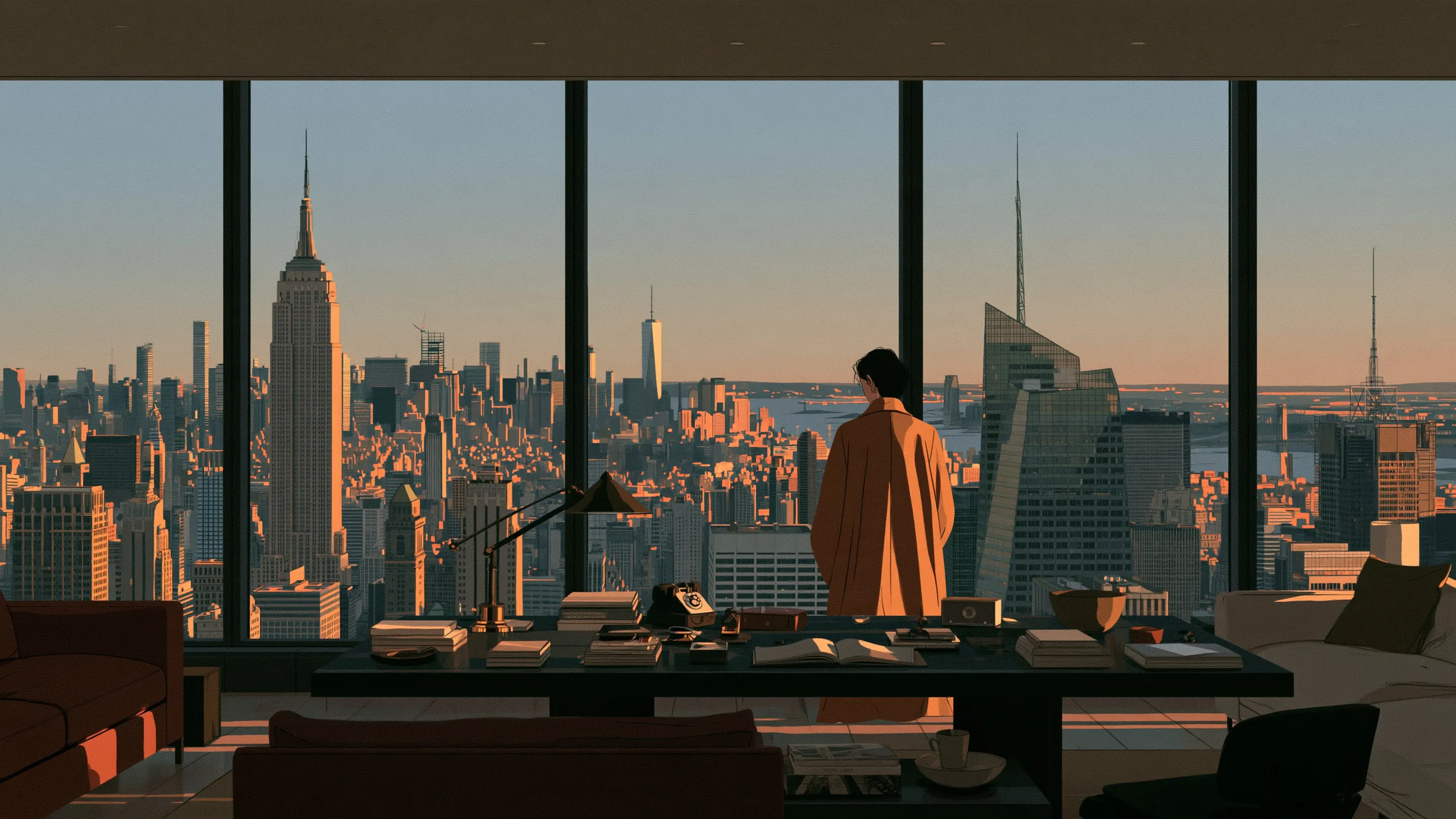A head of people at a desk in an office on an autumn afternoon, a single page of notes in front of her