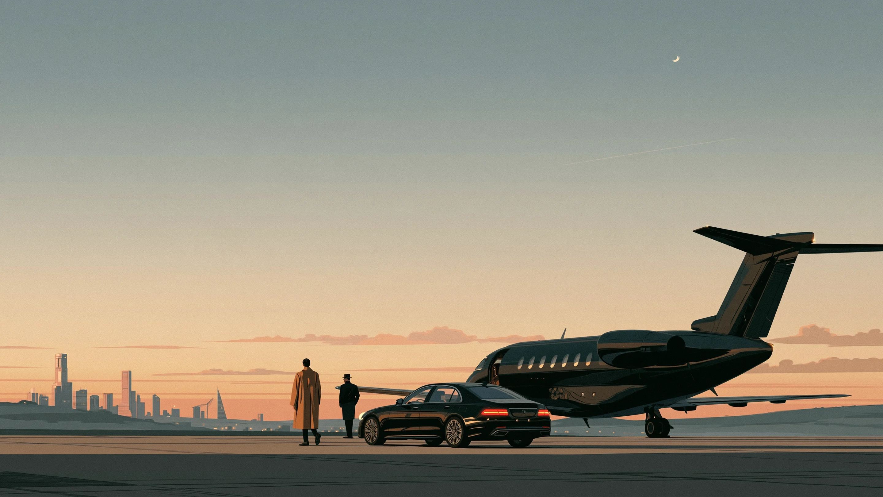 A partner arriving at a calm private terminal at dawn, met by her concierge