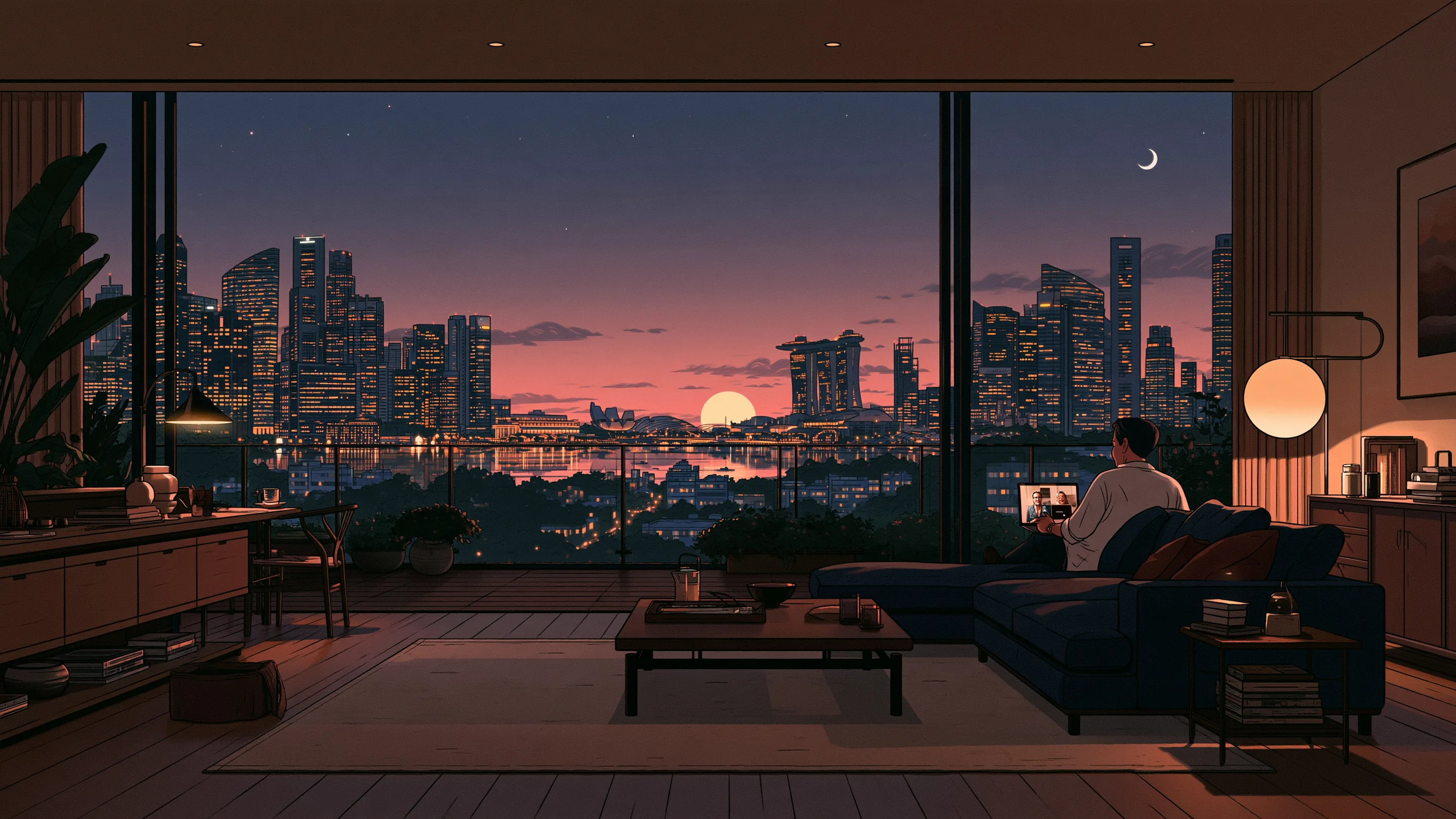 A man at a table by a window at dawn, speaking with a doctor on a laptop