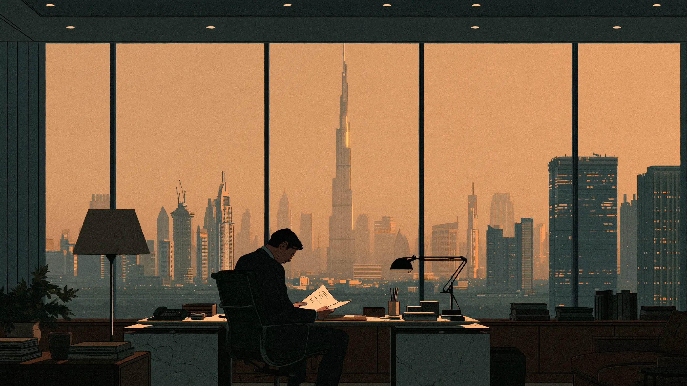 A head of people reading a one-page report at a clear desk in a calm office