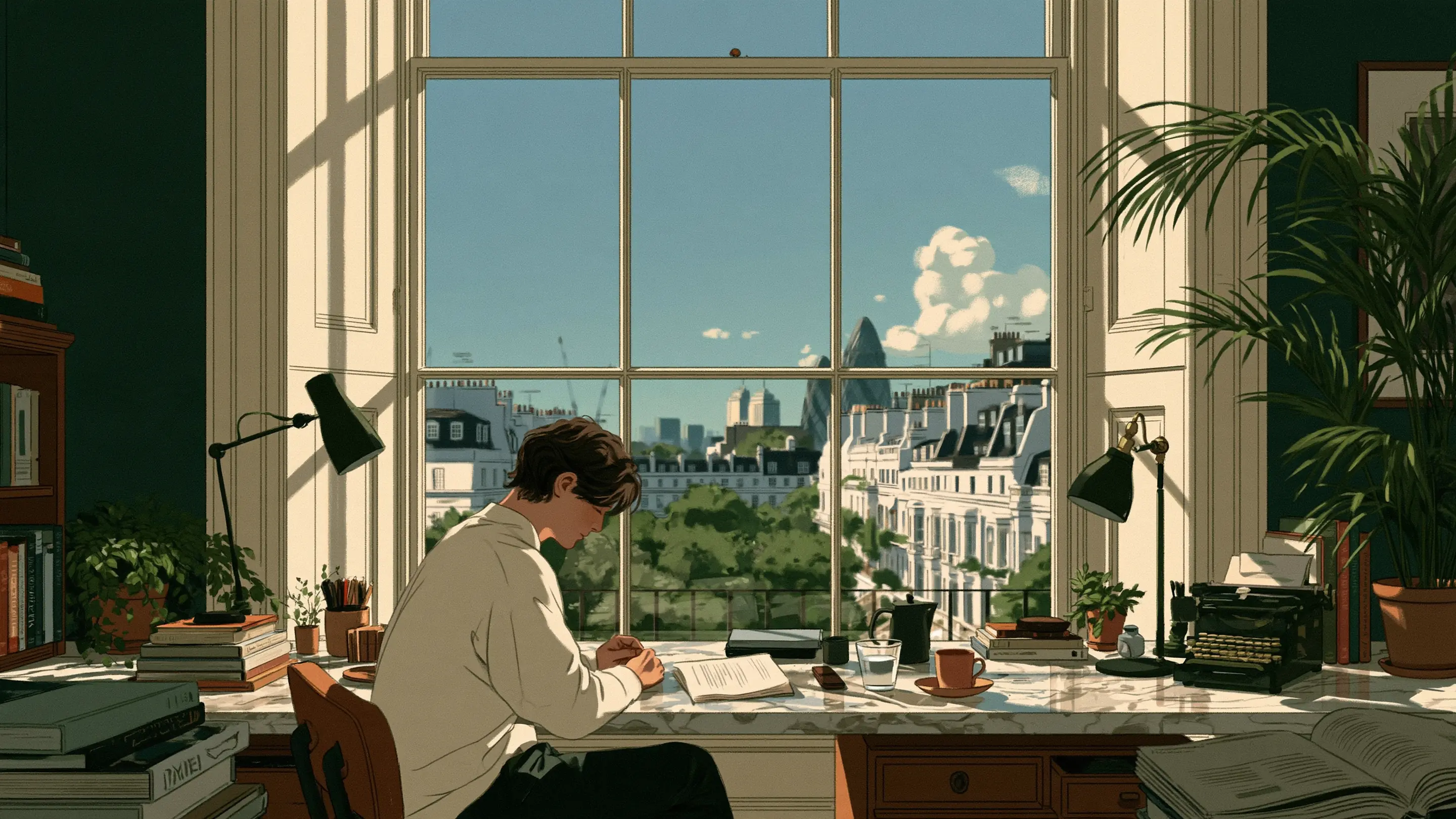 A head of people at a sunlit desk by a tall window, a single page of notes set aside