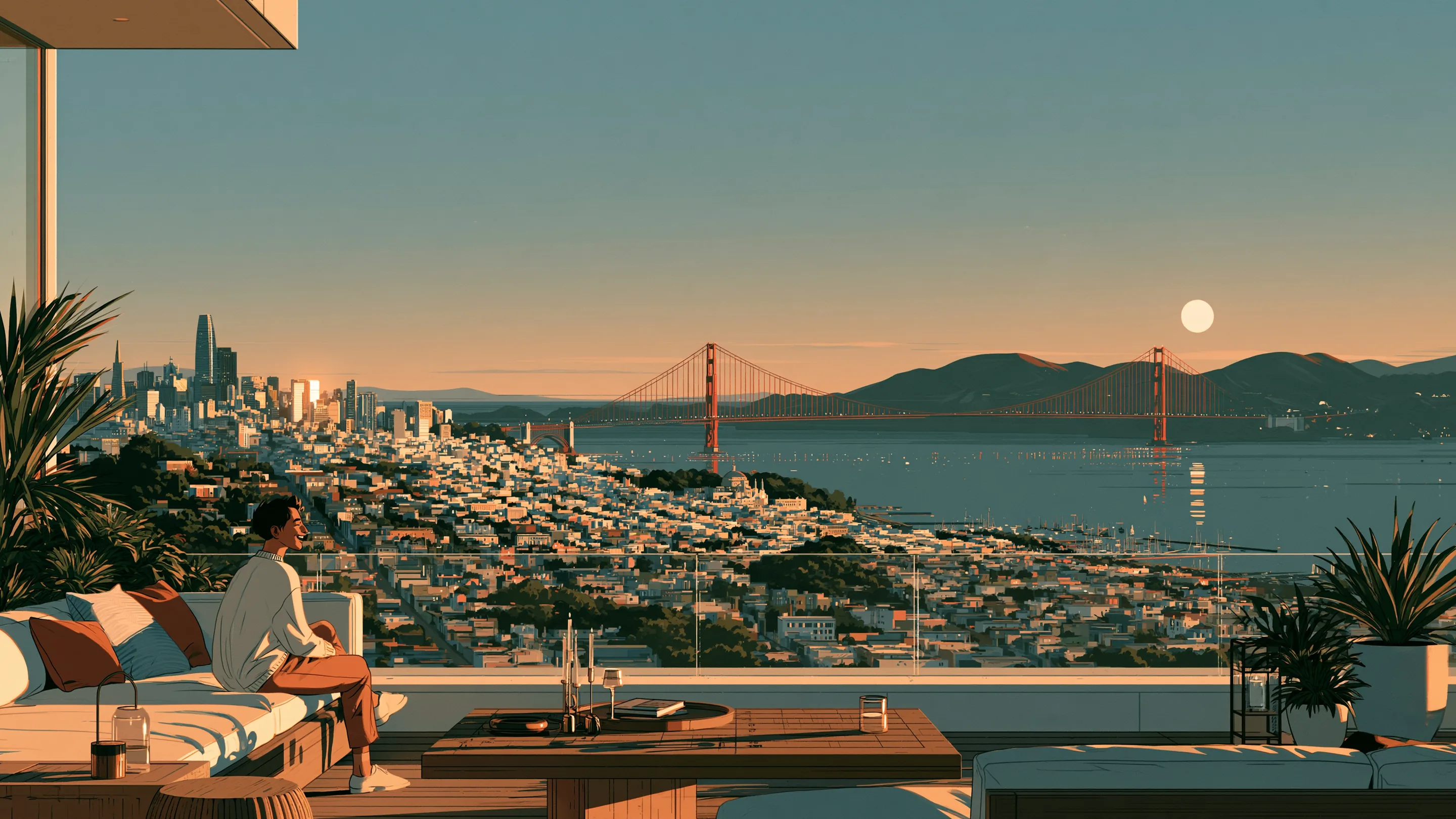 A founder on a sunlit rooftop overlooking a city