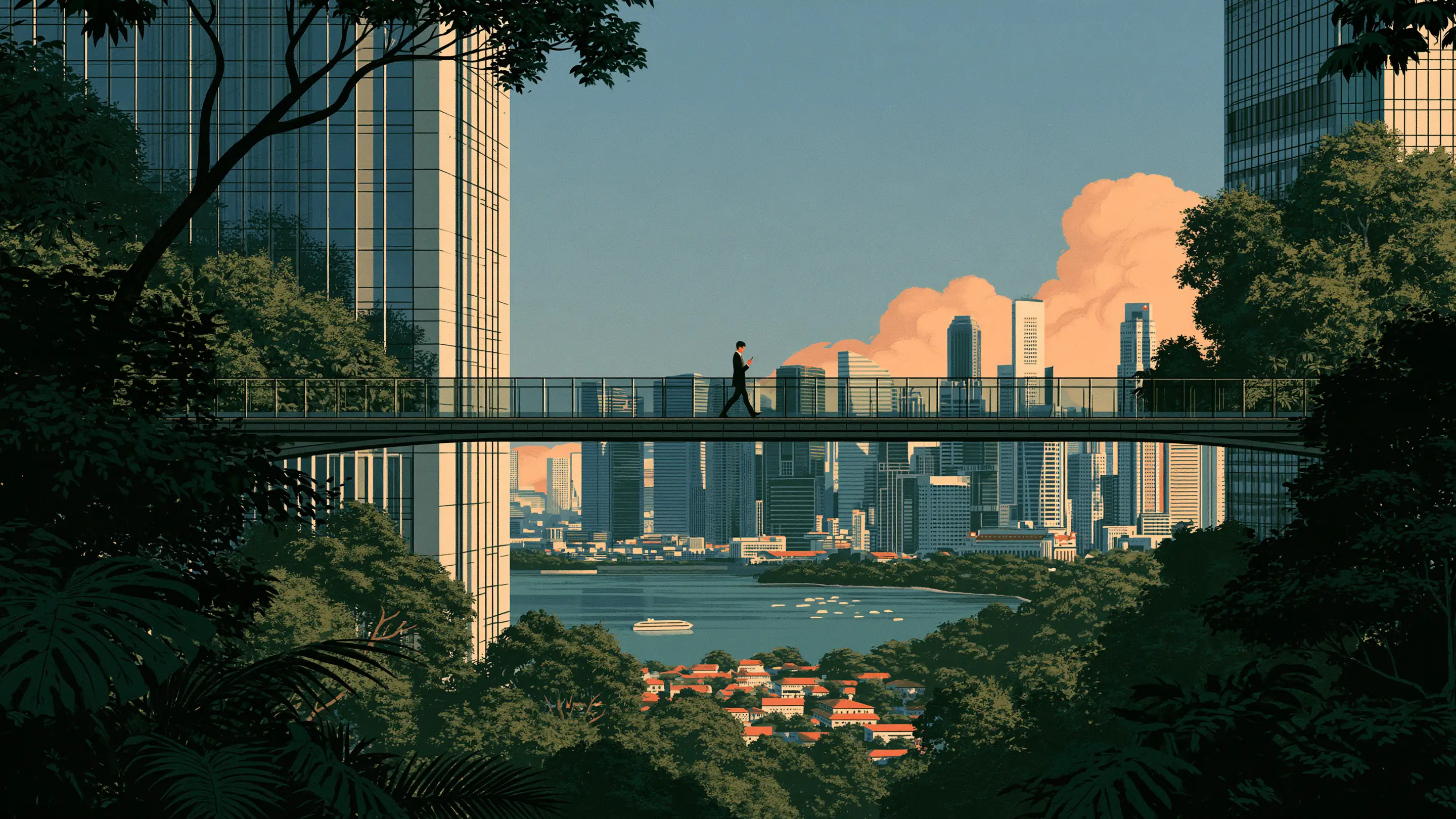 A chief executive crossing a bright skybridge between city towers