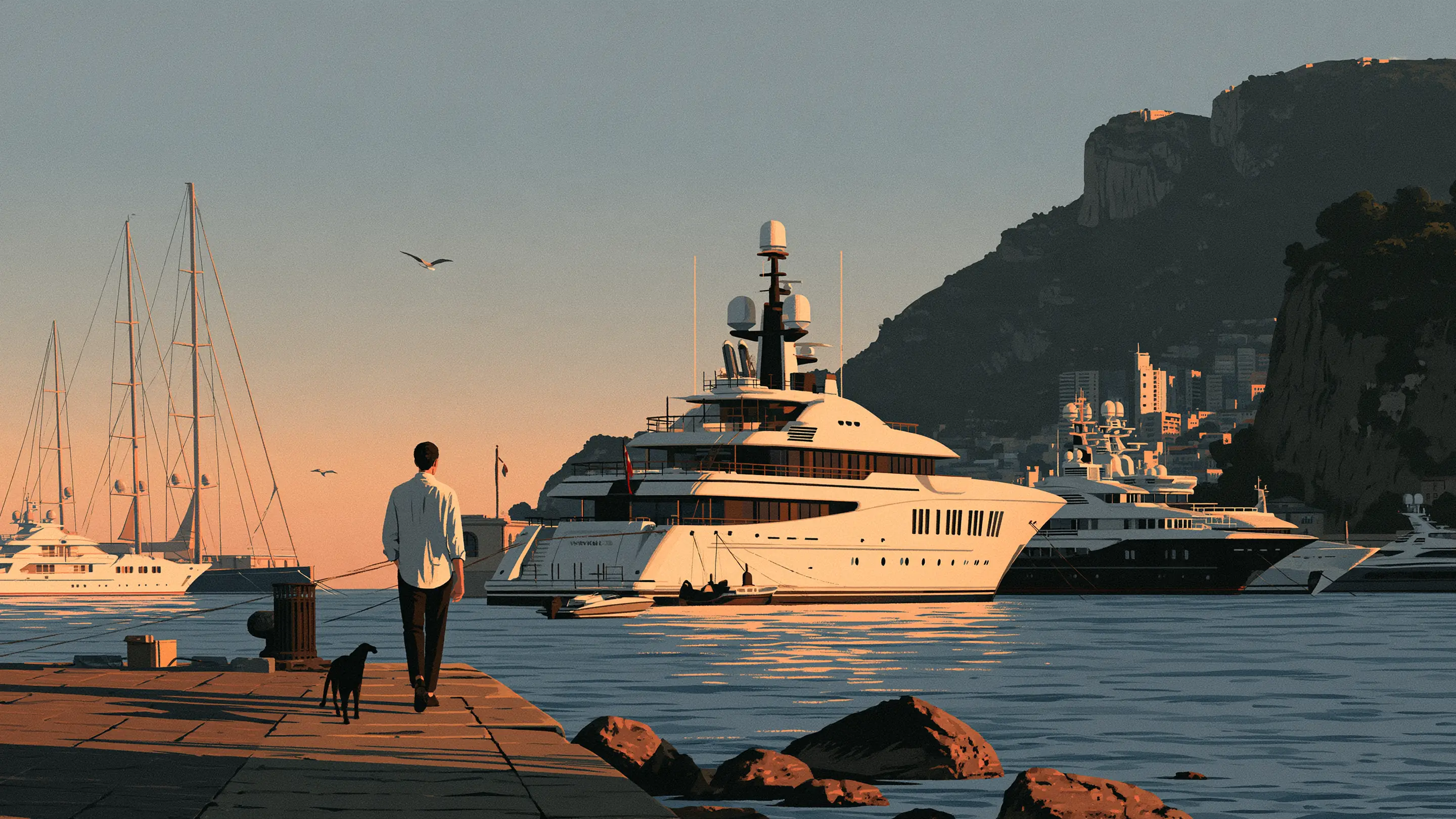 A portfolio manager walking beside a harbour at sunrise