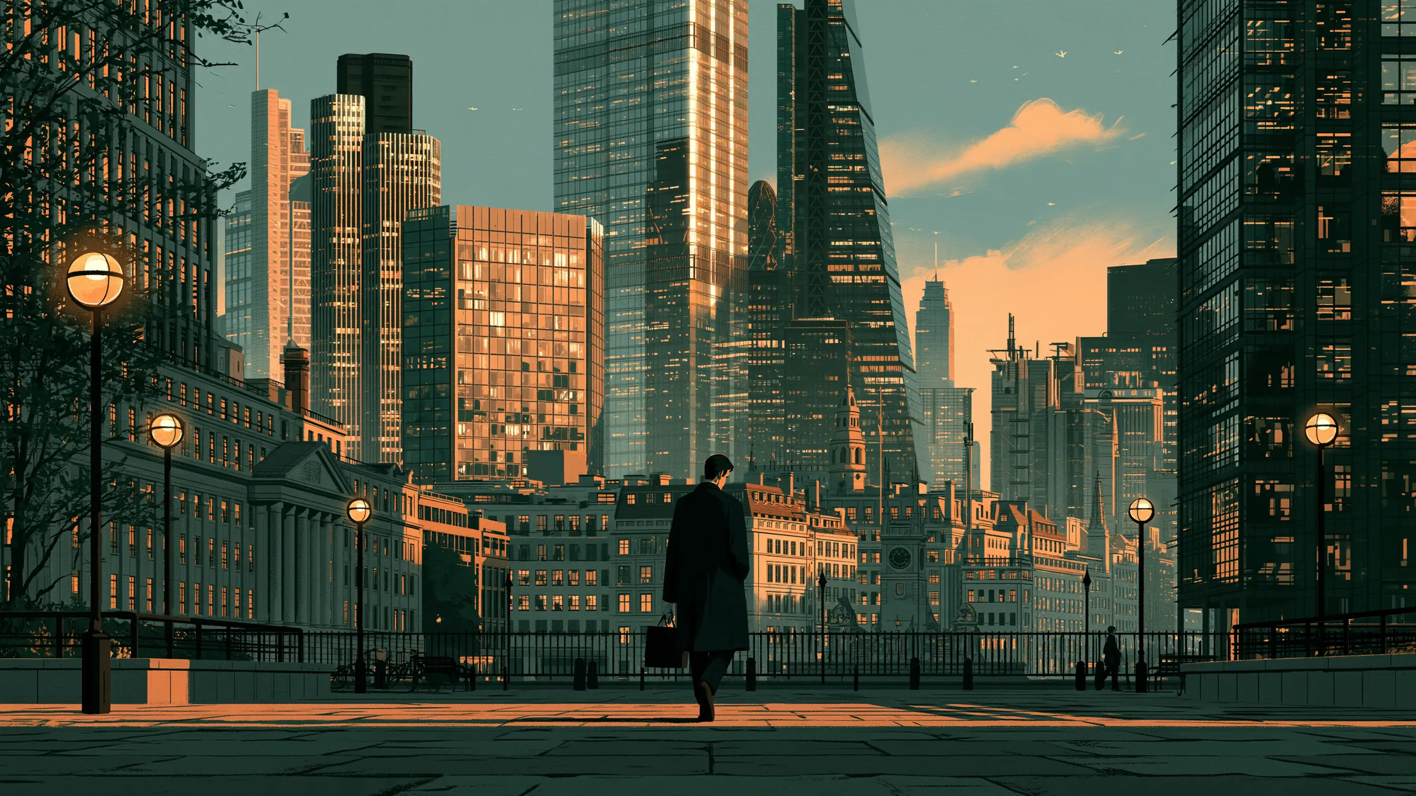 An underwriter walking along a bright street in the City of London