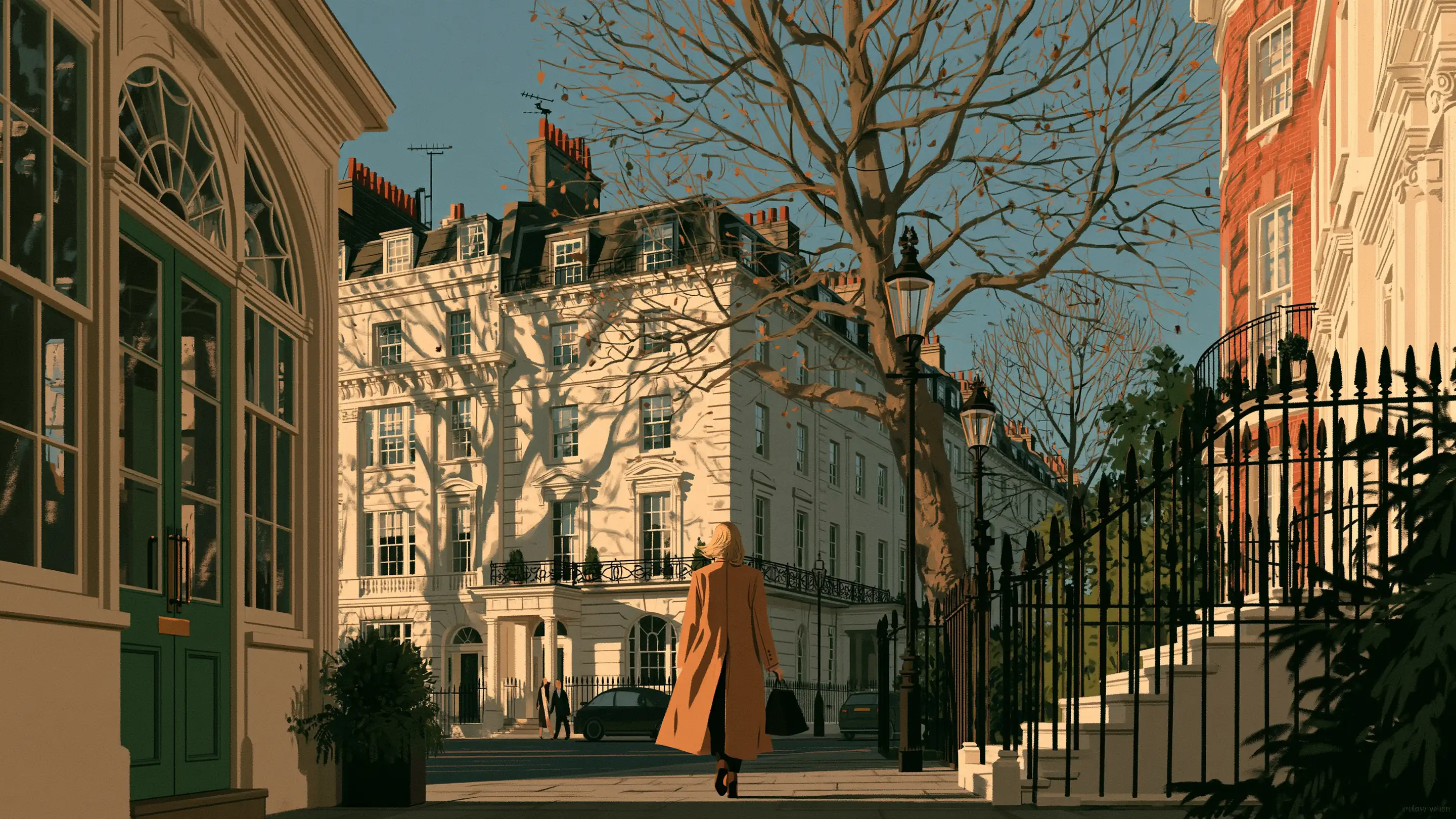 A partner leaving a calm clinic into morning light on a London street