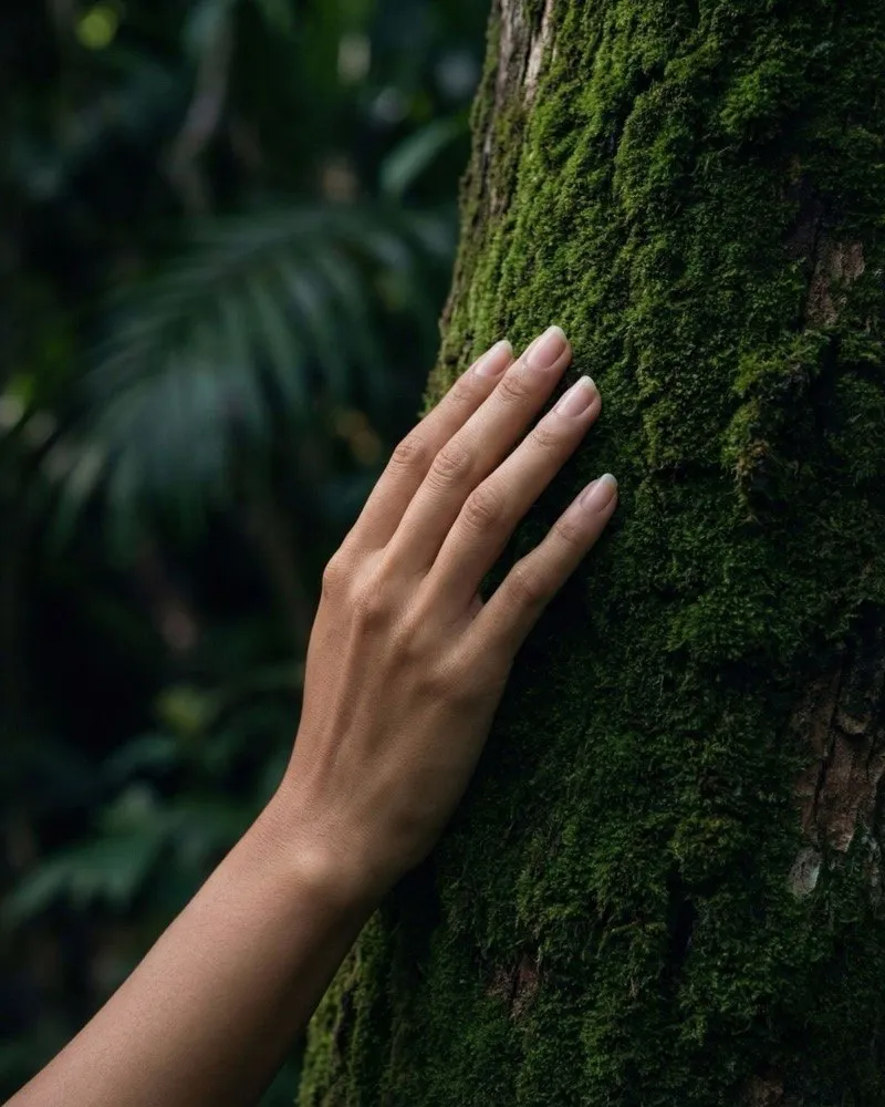 A hand resting on a moss-covered tree trunk