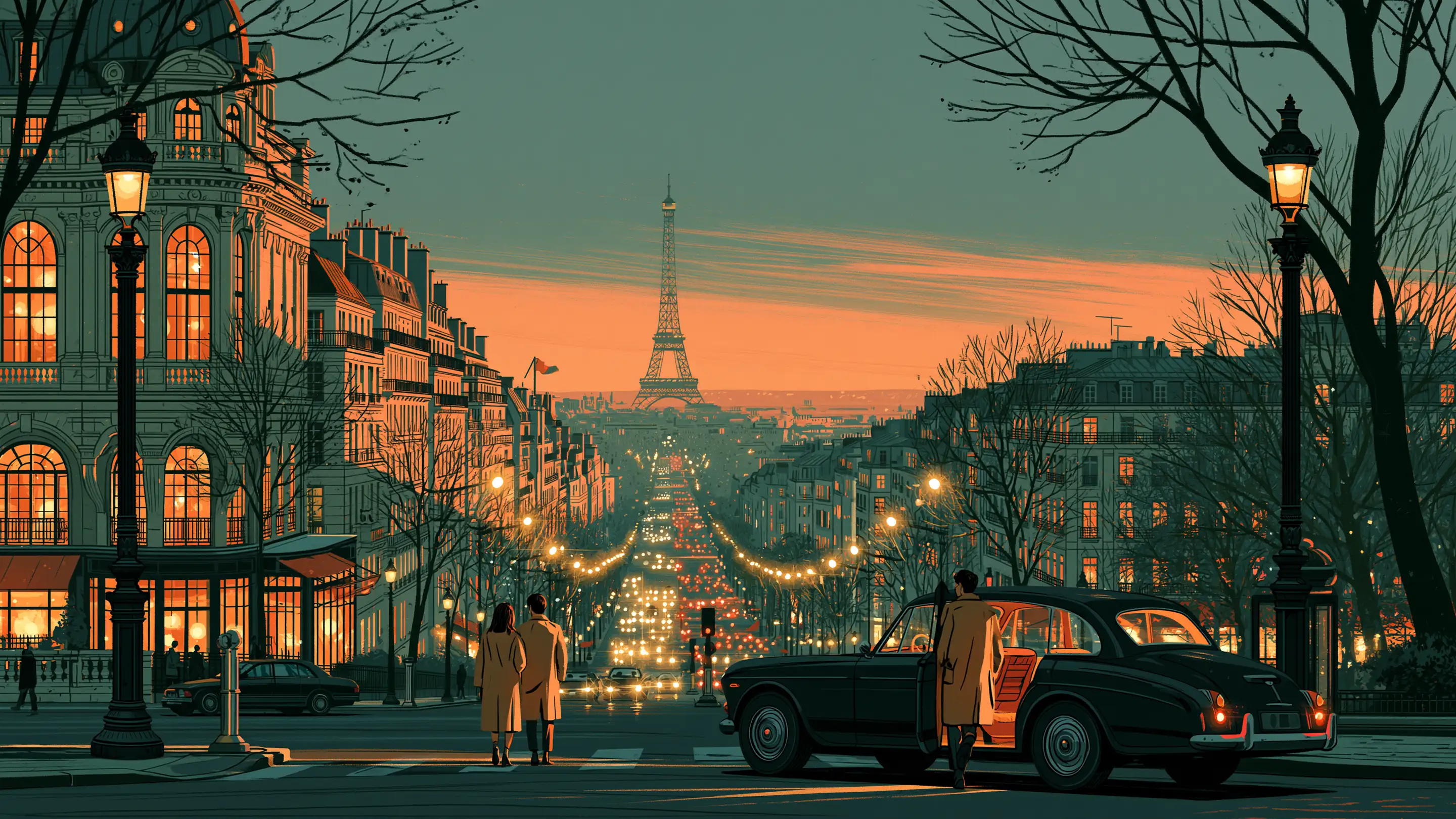 A couple stepping onto a quiet avenue at dusk, the lights of the city in the car window