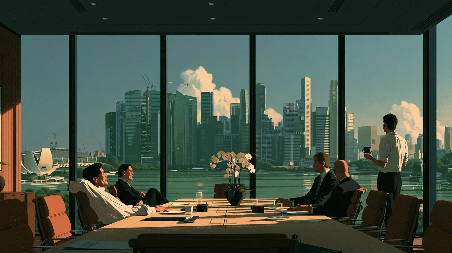 A small leadership team at ease around a long oak table in a boardroom high above Singapore, white orchids on the table
