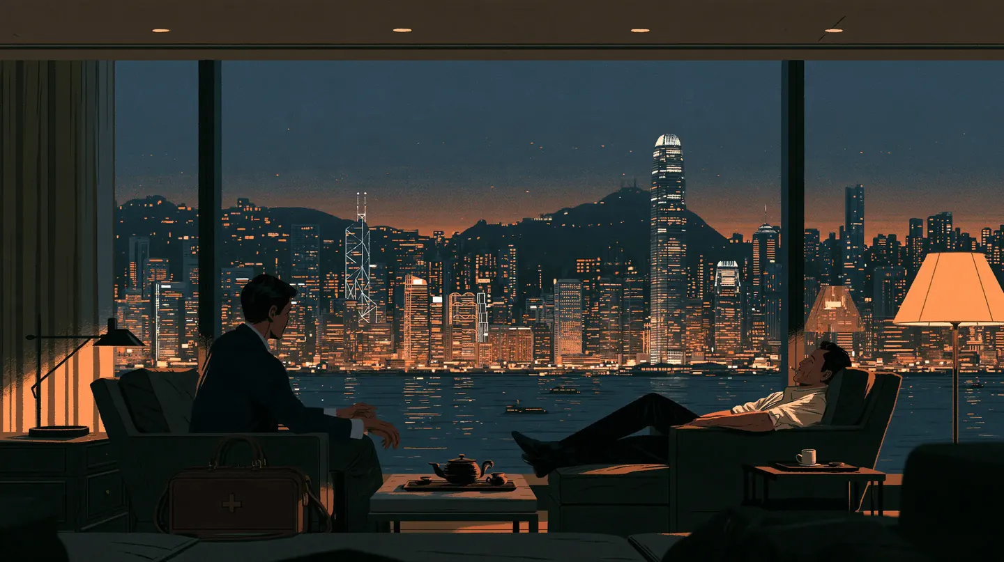 A doctor with a leather medical bag sits with a guest in a hotel suite at dusk, a pot of tea between them, the lit Hong Kong skyline through tall windows