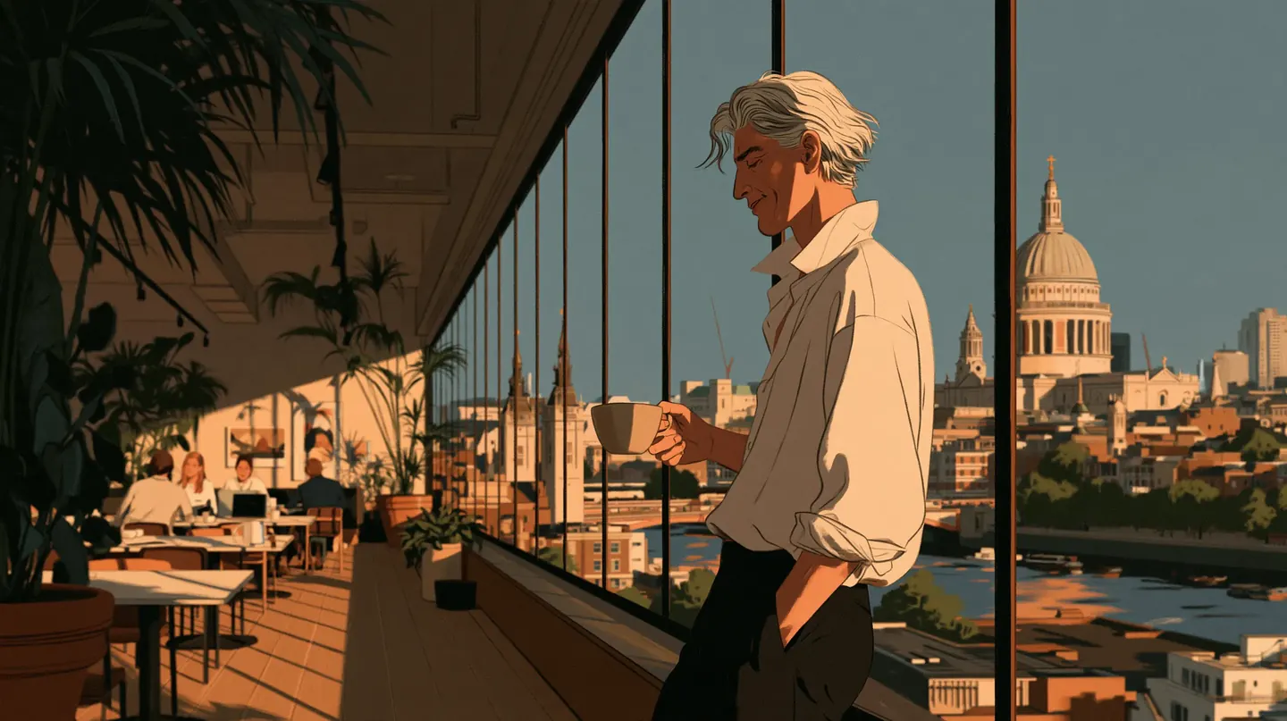 A silver-haired founder smiles as he walks through a bright office high above London with a cup of coffee, St Paul's and the river through the glass