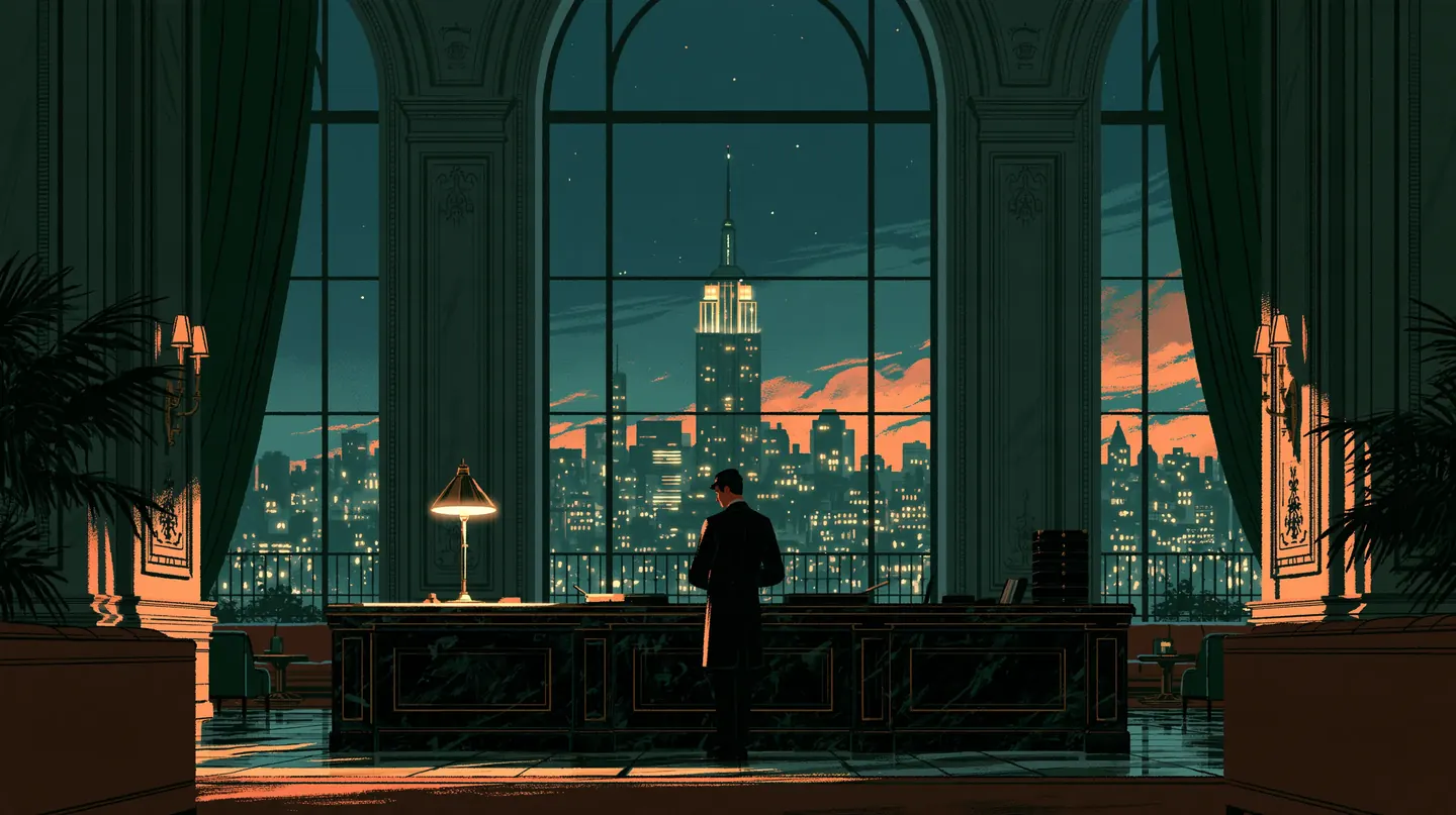 A concierge stands at a dark marble desk lit by one brass lamp in a grand hotel lobby at night, the Empire State Building glowing through a tall arched window