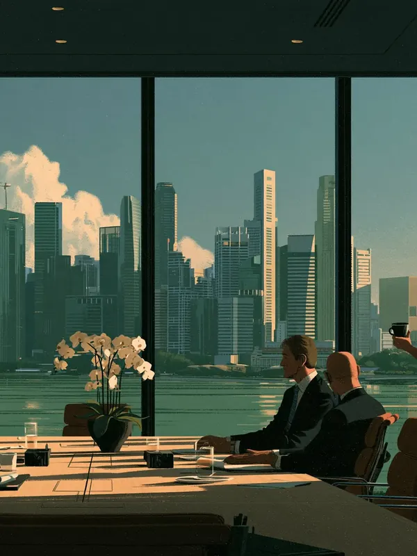 A small leadership team at ease around a long oak table in a boardroom high above Singapore, white orchids on the table
