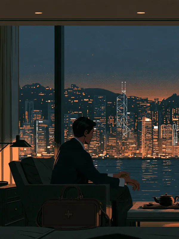 A doctor with a leather medical bag sits with a guest in a hotel suite at dusk, a pot of tea between them, the lit Hong Kong skyline through tall windows