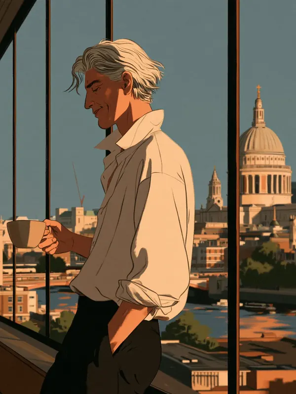 A silver-haired founder smiles as he walks through a bright office high above London with a cup of coffee, St Paul's and the river through the glass