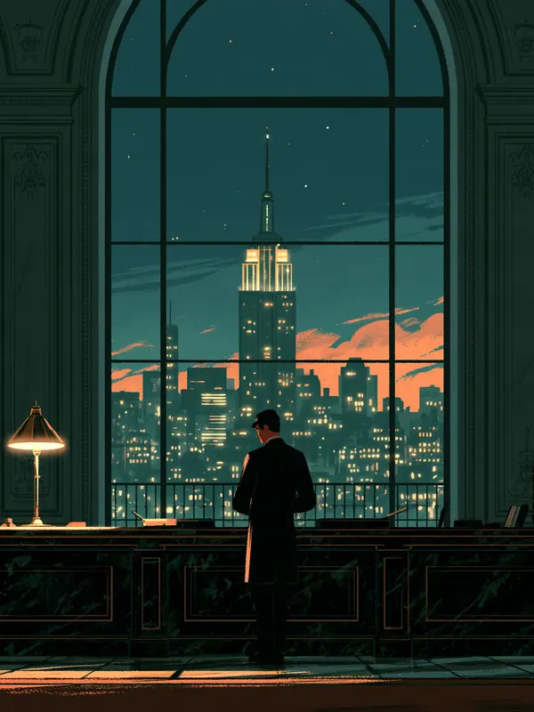 A concierge stands at a dark marble desk lit by one brass lamp in a grand hotel lobby at night, the Empire State Building glowing through a tall arched window