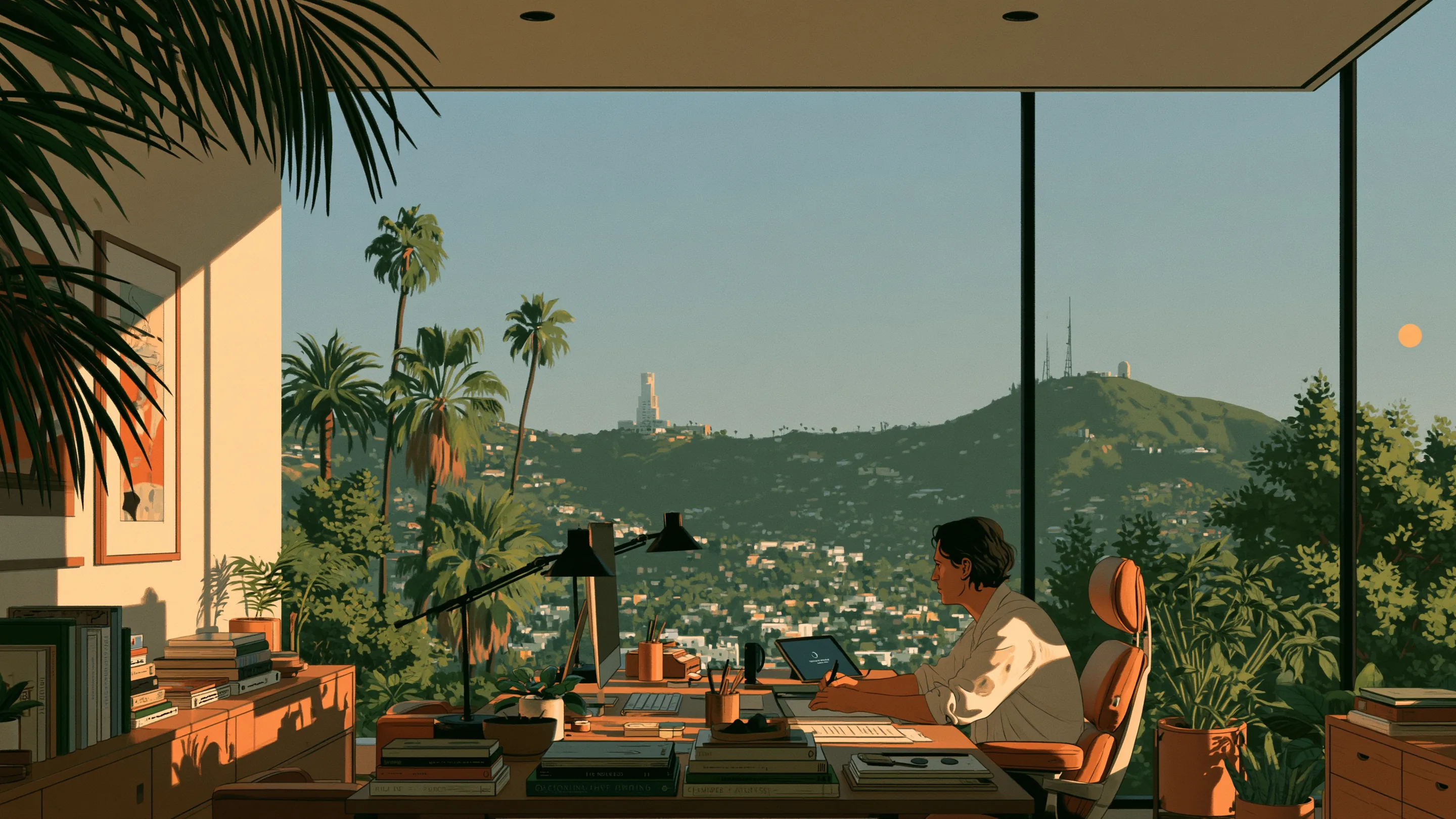 A founder in a sunlit office above Beverly Hills with his physician beside him