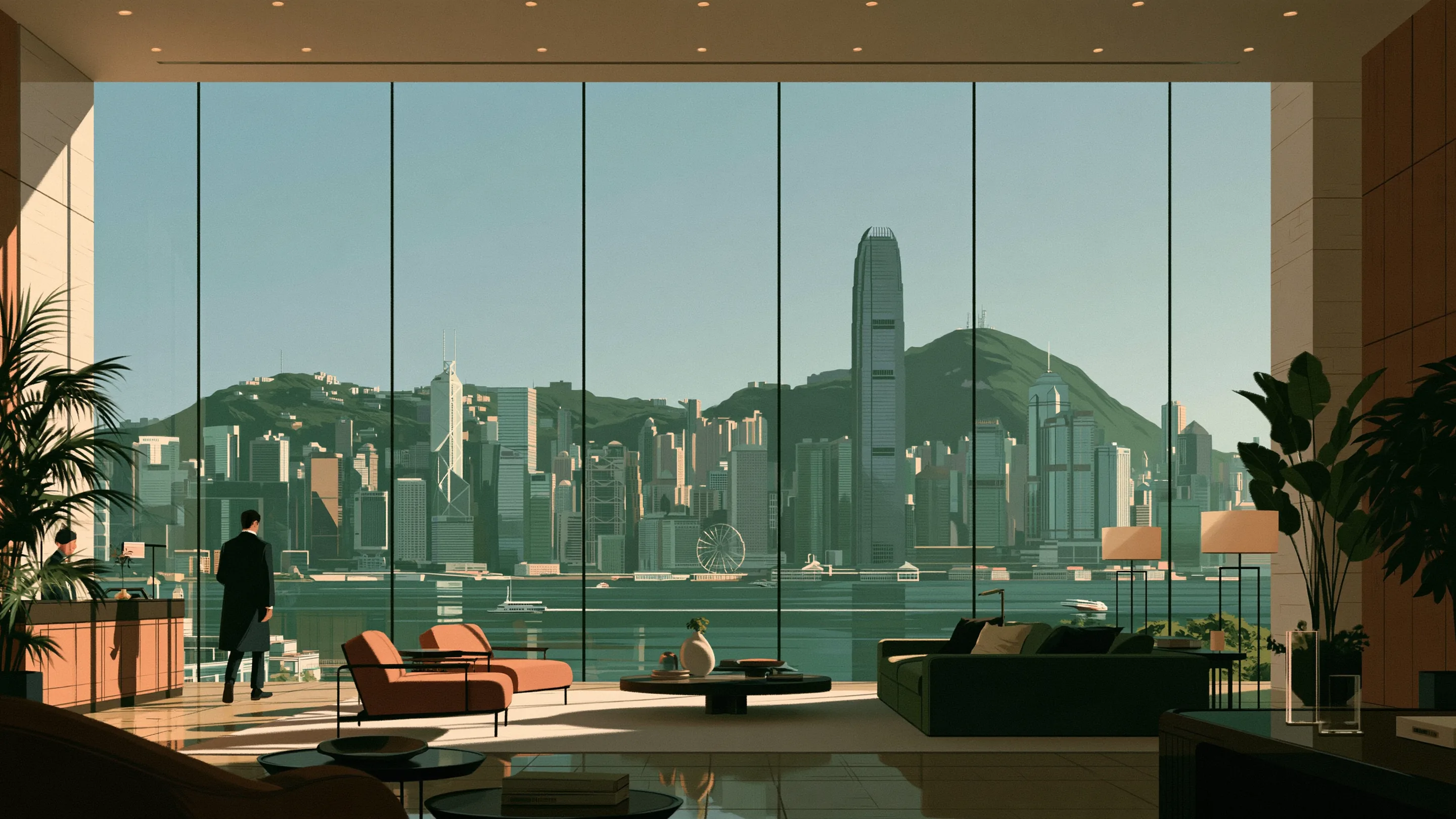 A banker met by a concierge in a quiet lobby above the harbour in Hong Kong