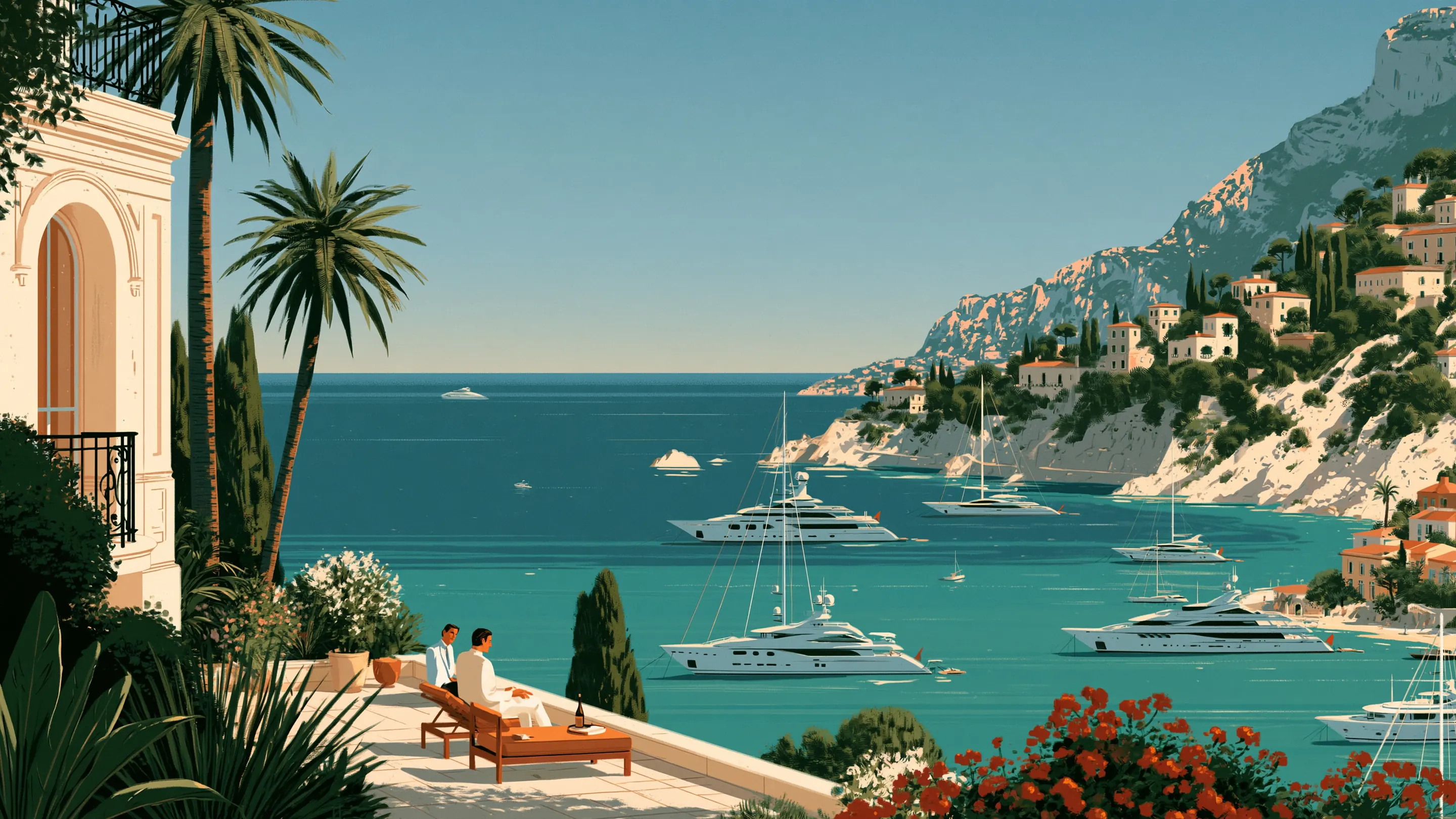 A family office principal on a terrace above the harbour in Monaco with his doctor and concierge