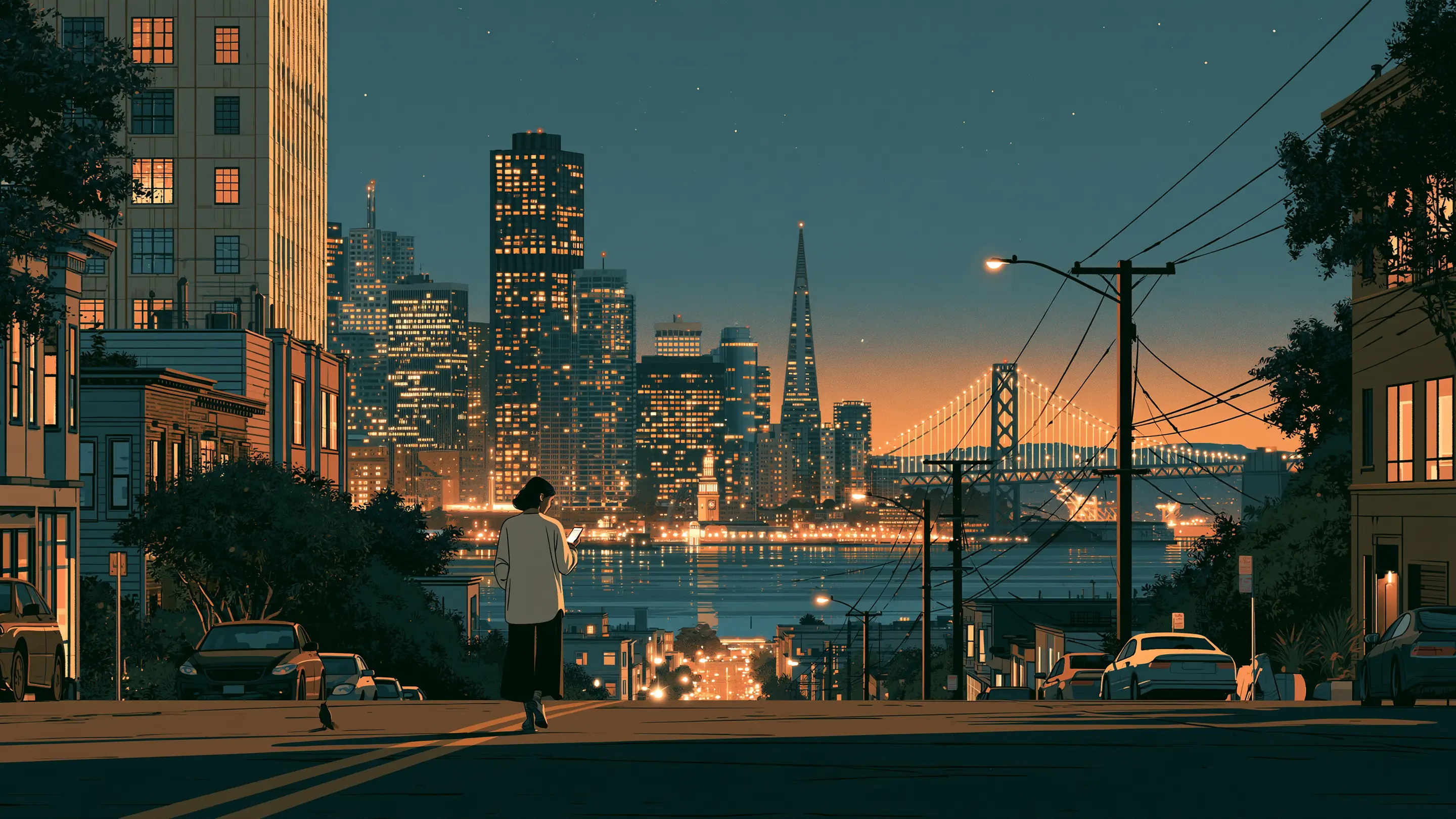 A founder and her team walking through San Francisco at dawn, the bridge in the distance