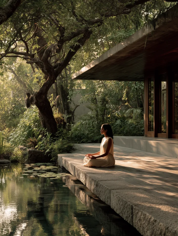 A woman sitting quietly by a garden pool